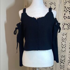 Black Cold-Shoulder Crop Top with Tie Sleeve Detail